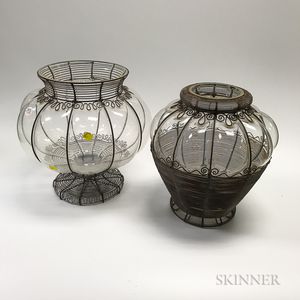 Two Colorless Glass and Wirework Lobed Vases