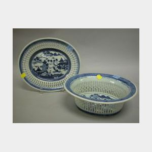 Canton Blue and White Reticulated Porcelain Fruit Basket and Underplate.