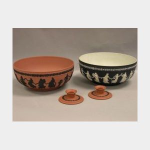 Two Wedgwood Jasperware Bowls and a Pair of Candleholders.