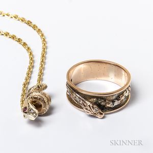 22kt Gold Chain, an Antique 14kt Gold and Diamond Snake Slide, and a 14kt Gold and Diamond Snake Ring