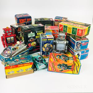 Sixteen Battery-operated Tin and Plastic Robot Toys