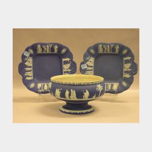 Wedgwood Dark Blue Jasper Footed Bowl and a Pair of Trays.