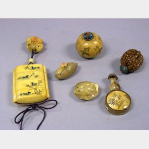 Asian Decorated Resin Inro with Netsuke, Erotic Engraved Gourd Snuff, a Carved Nutshell Snuff, a Bone and Antler Snuff, and Two Carved