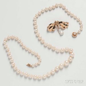 Graduated Cultured Pearl Necklace and Skylight 14kt Gold and Pearl Brooch