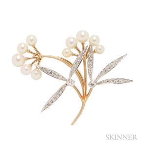 18kt Gold, Cultured Pearl, and Diamond Brooch