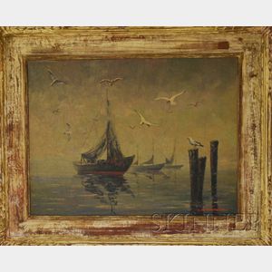 Giragos Der Garabedian (American, 1892-1980) Boats and Gulls, Gray Day.
