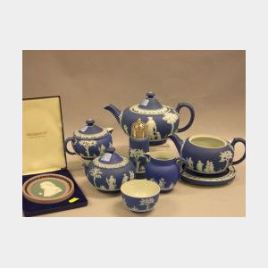 Eight Wedgwood Dark Blue Jasper Dip Table Items and a Cased Oval Three-Color Portrait Plaque