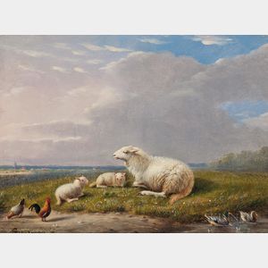 Franz Van Severdonck (Belgian, 1809-1889) Ewe and Lambs in a Meadow