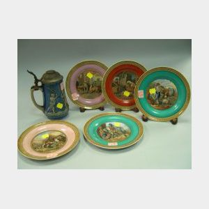 German Pewter Mounted Stoneware Golfing Stein and a Set of Five Prattware Transfer Decorated Plates