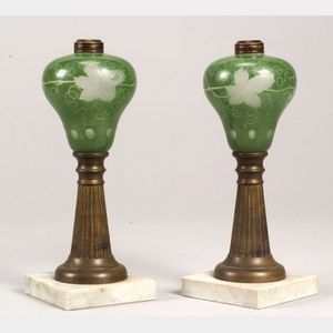 Pair of Green Cut-Overlay Glass, Brass, and Marble Table Lamps.