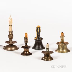 Five Early Brass Candlesticks