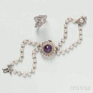 Lucien Piccard 14kt White Gold, Cultured Pearl, and Star Amethyst Covered Lady's Wristwatch
