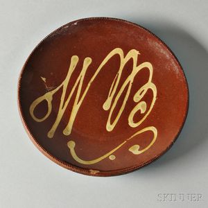Redware Plate with Yellow Slip Inscription "WB,"