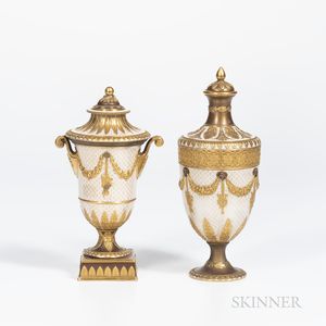 Two Wedgwood Gilded and Bronzed Queensware Vases and Covers