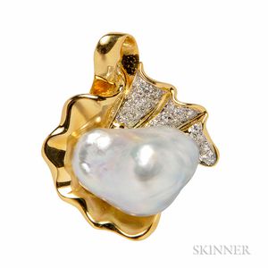 18kt Gold, Baroque Cultured Pearl, and Diamond Enhancer