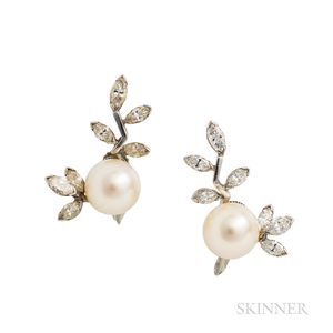 Platinum, Cultured Pearl, and Diamond Earrings