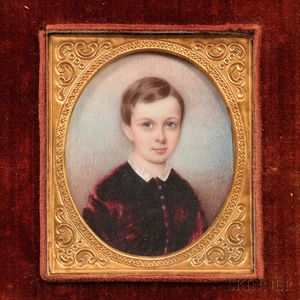 American School, 19th Century Portrait Miniature of a Young Boy Wearing a Red Jacket.