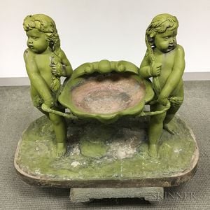 Green-painted Metal Garden Statue with Two Putti