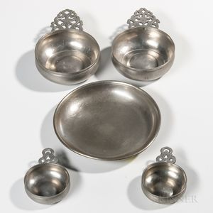 Four Pewter Porringers and a Basin