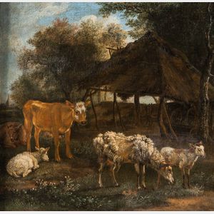 Attributed to Karel Dujardin (Dutch, 1626-1678) Cows and Sheep Beside a Shed