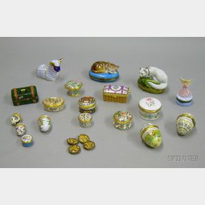 Collection of Halcyon Days Enamel Boxes and Assorted Porcelain Figural Boxes