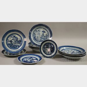 Eleven Blue and White Chinese Export Canton Plates