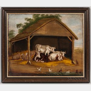American School, 19th Century Barnyard Scene with Cows and Sheep