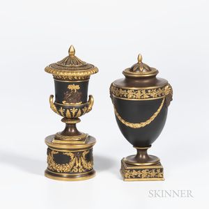 Two Wedgwood Gilded and Bronzed Black Basalt Vases and Covers