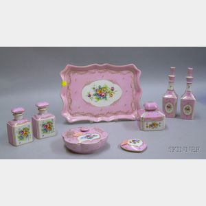 Seven-piece French Hand-painted Floral and Pink Decorated Porcelain Dresser Set