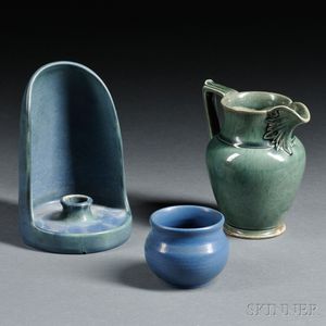 Chelsea Keramic Art Works Pitcher, Marblehead Vase, and Hampshire Candleholder