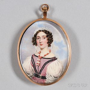 Attributed to Johannes Baptista van Acker (Belgian, 1794-1863) Portrait Miniature of a Young Woman in a Pink Dress with White Sleeves.
