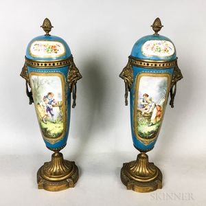 Pair of Sevres-style Brass-mounted Porcelain Covered Vases