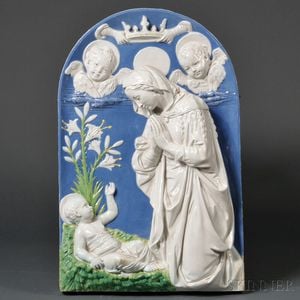 Della Robbia-style Ceramic Wall Plaque Depicting the Madonna and Child