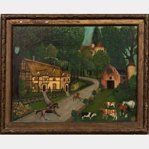 Josef Kosak (American, 20th Century) Folk-art Landscape with Tudor House, Rider, and Farm Animals