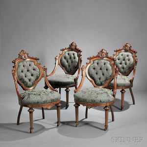 Antique Parlor Set, French, Louis XV Style Parcel Gilt, 7 Piece