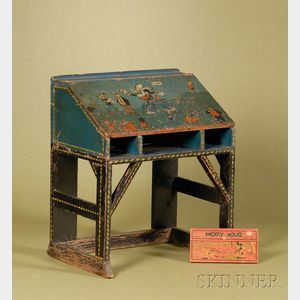 Child's Comic Strip Character Decorated Slant Front Writing Table, America, c. 1940, blue painted wood, wi...