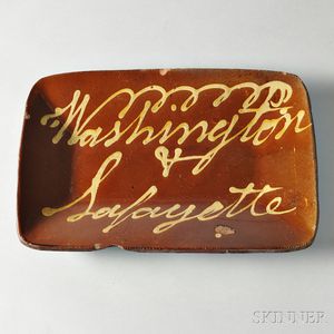 Large Redware Loaf Dish with Yellow Slip Inscription "Washington & Lafayette,"