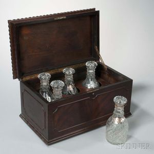 Mahogany Liquor Box and Five Colorless Glass Decanters