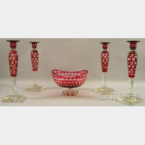 Four Ruby Cut-to-clear Glass Candlesticks and Elliptical Center Bowl