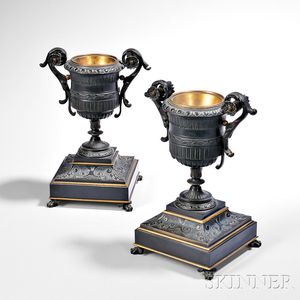 Pair of Patinated Bronze Urns