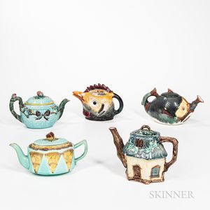 Five Majolica Pottery Teapots