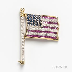 14kt Gold, Ruby, Diamond, and Sapphire American Flag Brooch