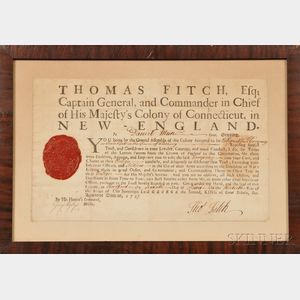 Thomas Fitch Signed Connecticut Officer's Commission