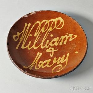 Large Redware Plate with Yellow Slip Inscription "William & Mary,"