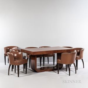 French Art Deco Dining Table and Eight Leather Armchairs