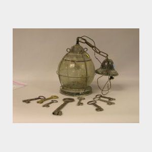 Black Painted Metal Hall Lantern and Eight Steel and Brass Keys.
