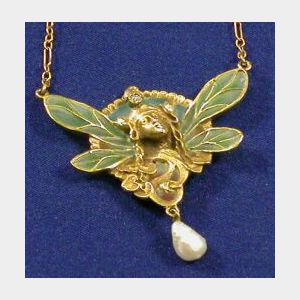 14kt Gold, Diamond, and Plique-a-jour Pendant Necklace