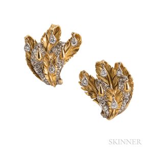 18kt Gold, Platinum, and Diamond Leaf Earrings