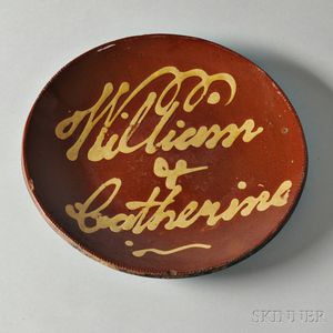 Large Redware Plate with Yellow Slip Inscription "William & Catherine,"