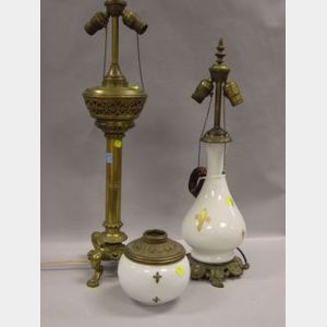 Victorian Neoclassical-style Brass Table Lamp and a Victorian Brass Mounted Enamel Decorated White Glass Table Lamp.